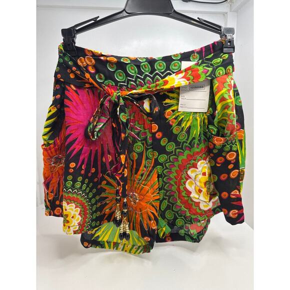 Junglee Billee Boho Black Multicolor Embroidered Shorts w/ Beaded Tie - Picture 3 of 10